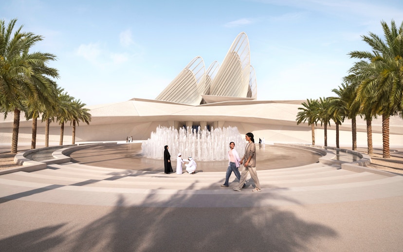 Main entrance of Zayed National Museum with fountain and palm trees, Abu Dhabi.