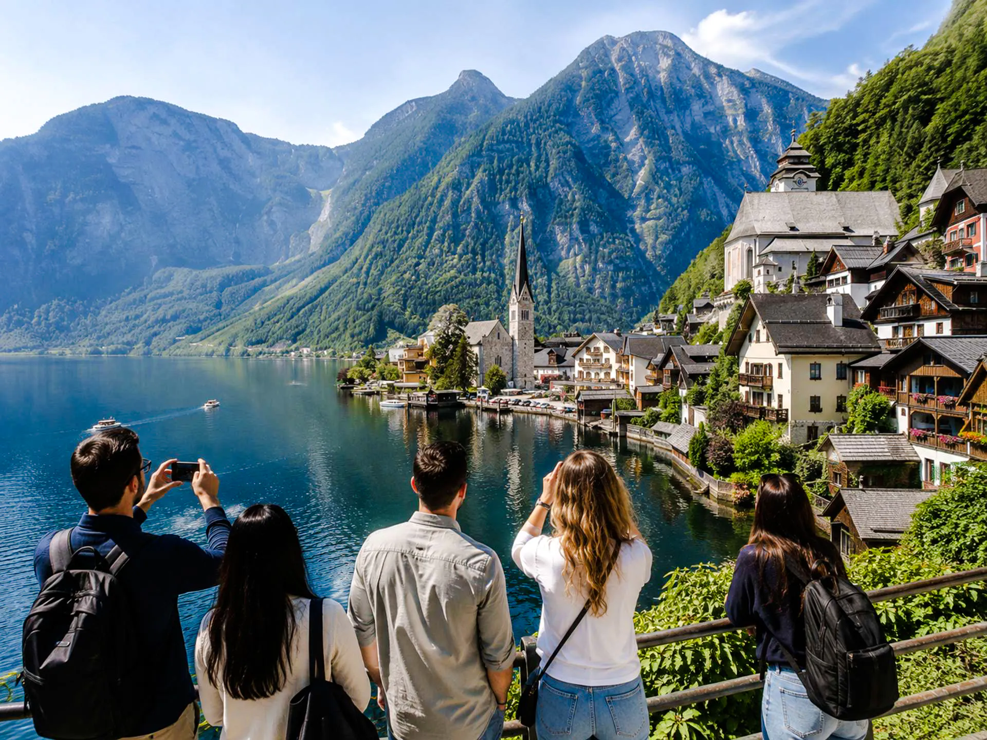 Tourists overlooking Hallstatt village and lake with mountains, part of Salzburg private trip.