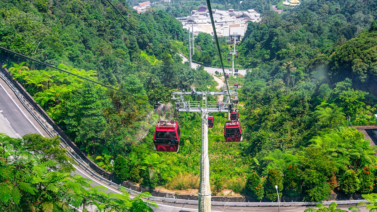 Cable cars traveling over lush forest at Genting Highlands, Malaysia.