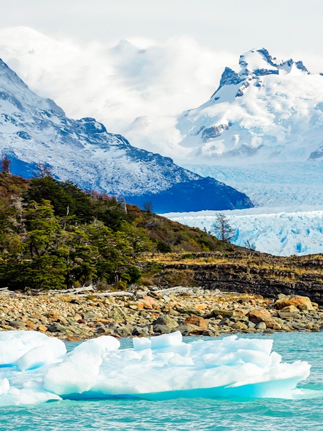 Spegazzini Glacier with icebergs in turquoise water, surrounded by snow-capped mountains in Patagonia.
