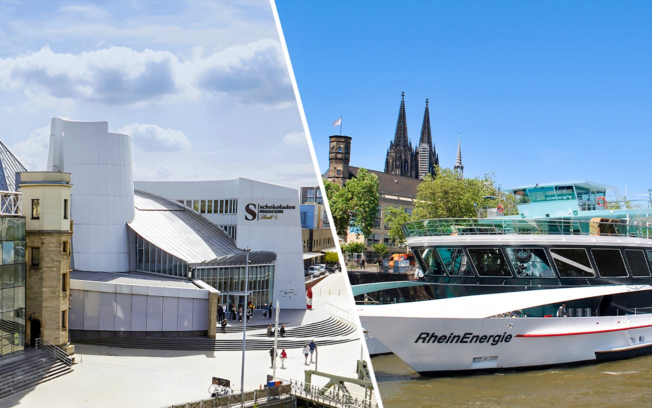 Chocolate Museum Cologne and Rhine cruise boat with Cologne Cathedral in background.