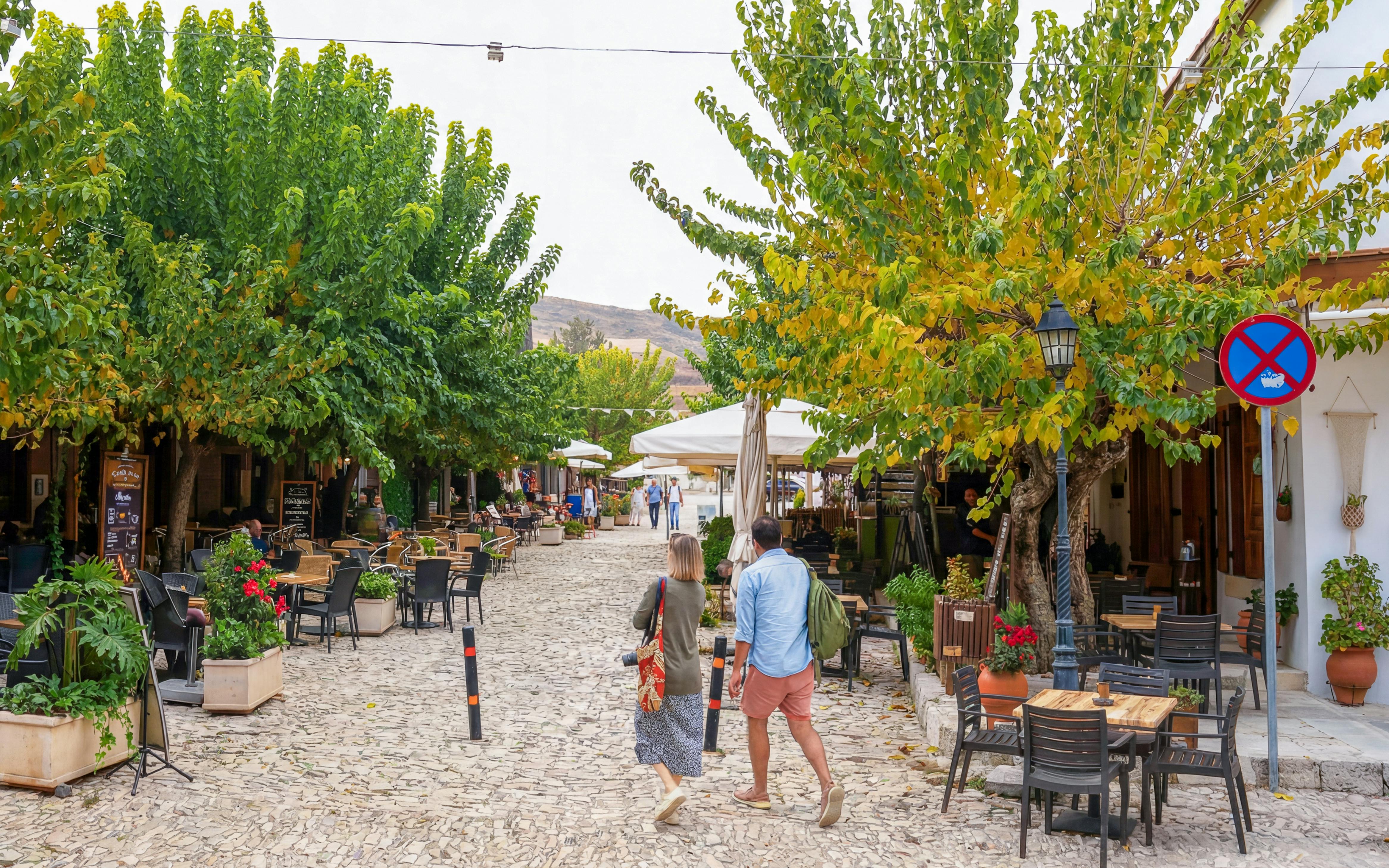 Pedestrian street with cafes and trees in Troodos village, Cyprus, part of the Paphos tour.