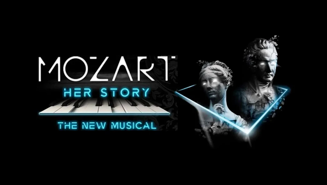 Mozart: Her Story – The New Musical logo with piano keys and statues.