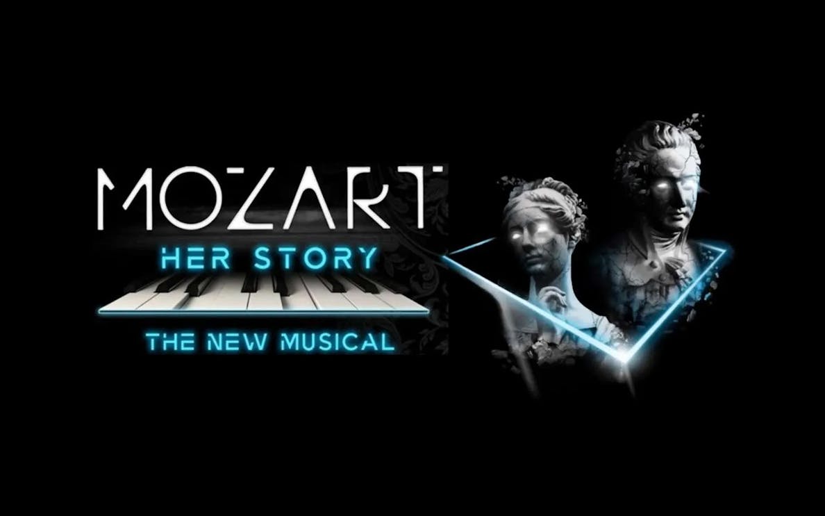 Mozart: Her Story – The New Musical logo with piano keys and statues.