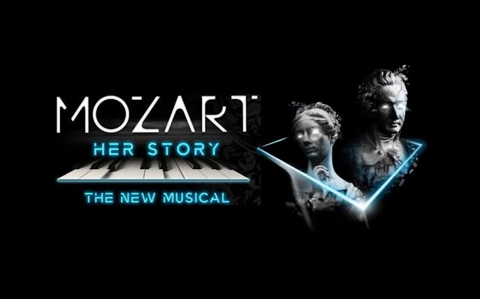 Mozart: Her Story – The New Musical logo with piano keys and statues.