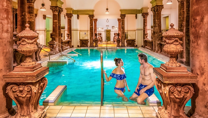 Széchenyi Spa indoor pool with ornate architecture and natural thermal waters in Budapest, Hungary.
