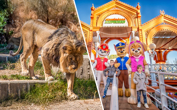 Lion at Madrid Zoo and children with characters at Parque de Atracciones de Madrid.