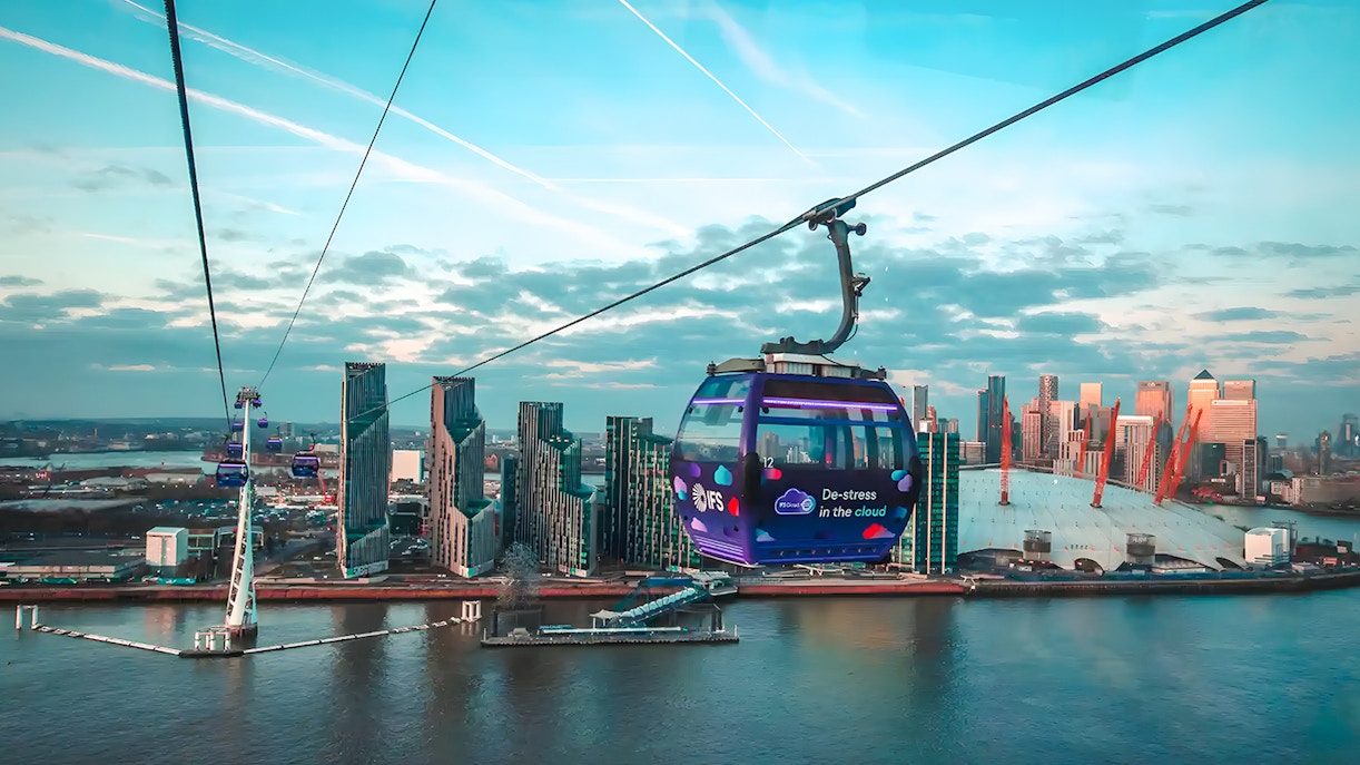 London IFS Cable Car over River Thames with city skyline in the background.