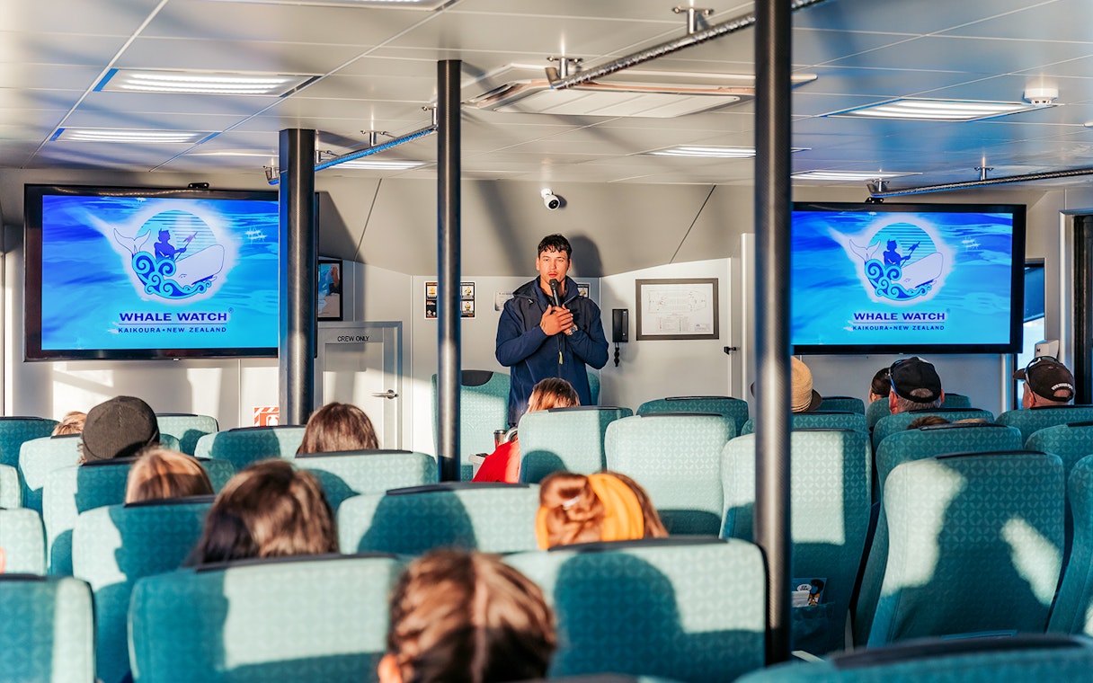 Guide giving a presentation on a whale watching cruise in Kaikoura, New Zealand.
