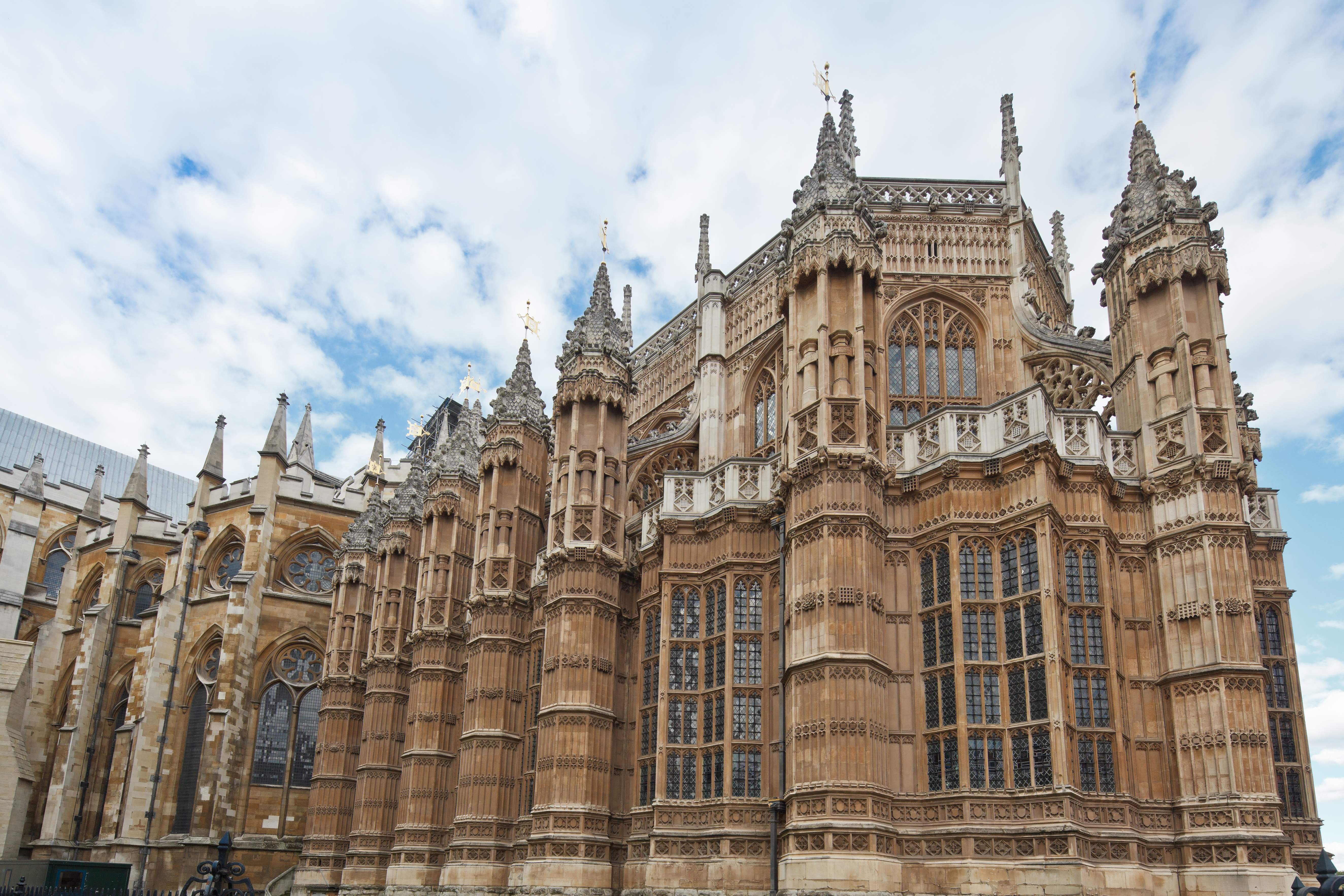 Exterior view of the ornate Henry VII Lady Chapel at Westminster Abbey, London.