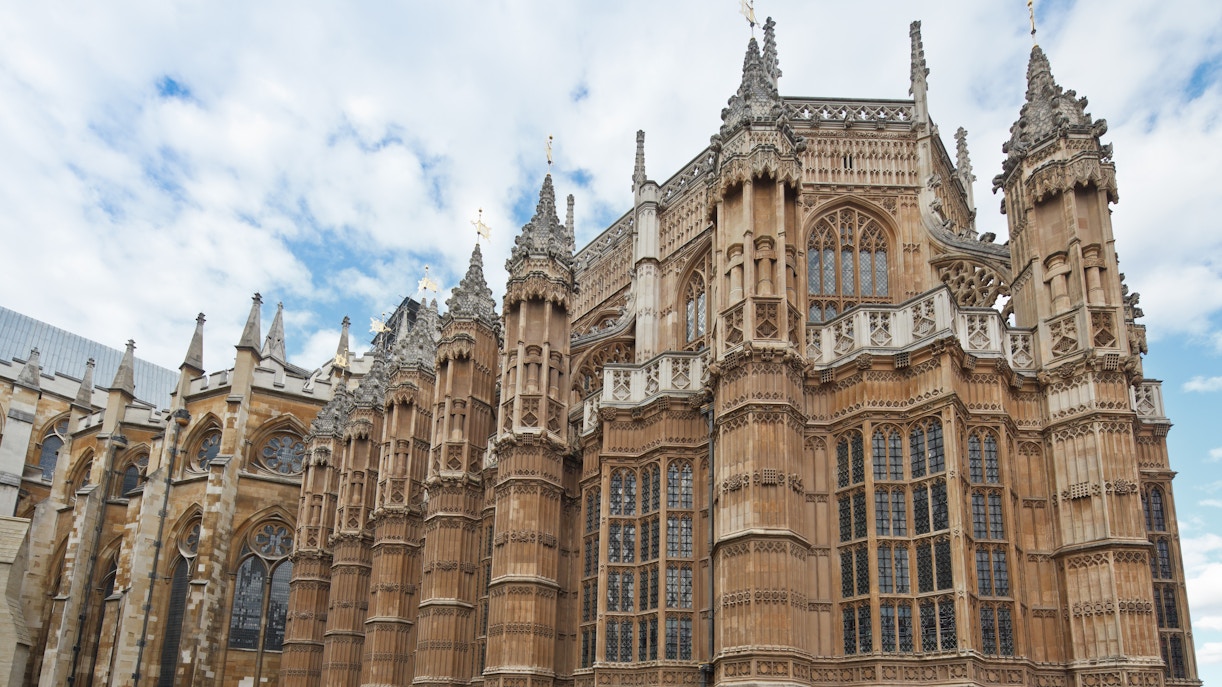 Exterior view of the ornate Henry VII Lady Chapel at Westminster Abbey, London.