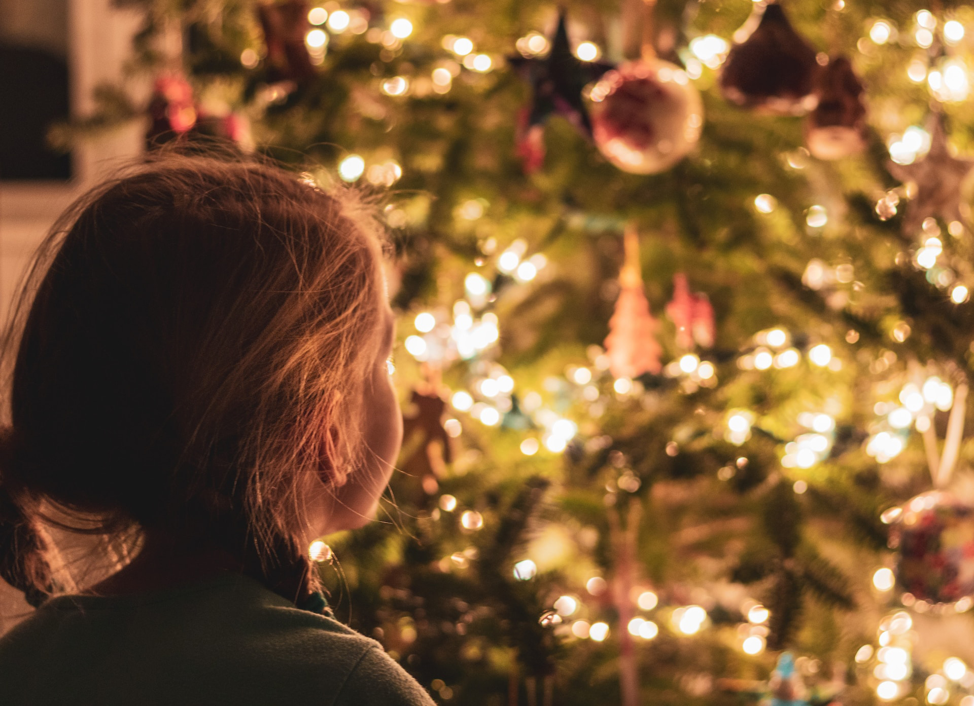 Child admiring Christmas tree lights and ornaments, Buckingham Palace tour.
