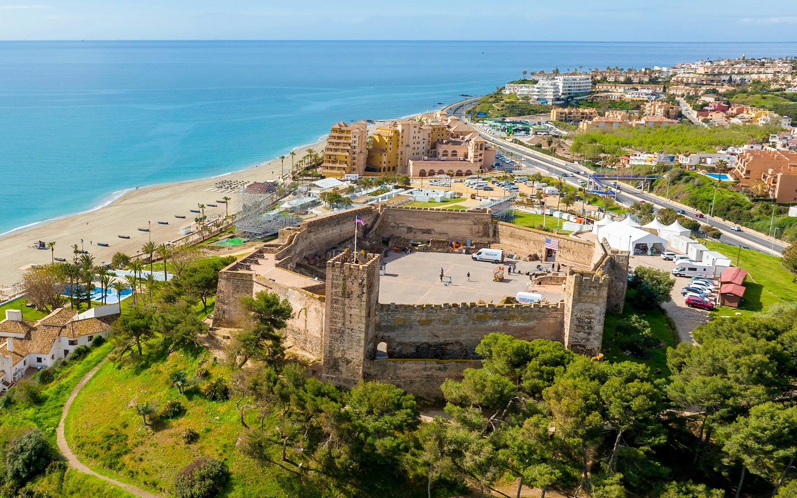 Aerial view of Sohail Castle in Fuengirola, Spain, showcasing its historic architecture and coastal surroundings.