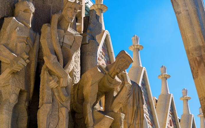 Sculptures on the Passion Facade of Sagrada Familia in Barcelona.