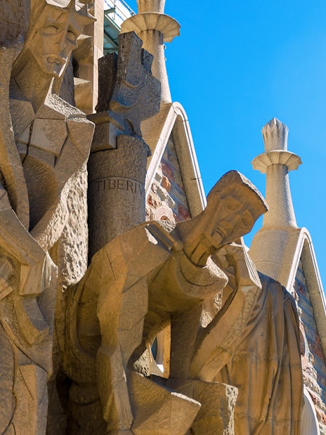 Sculptures on the Passion Facade of Sagrada Familia in Barcelona.