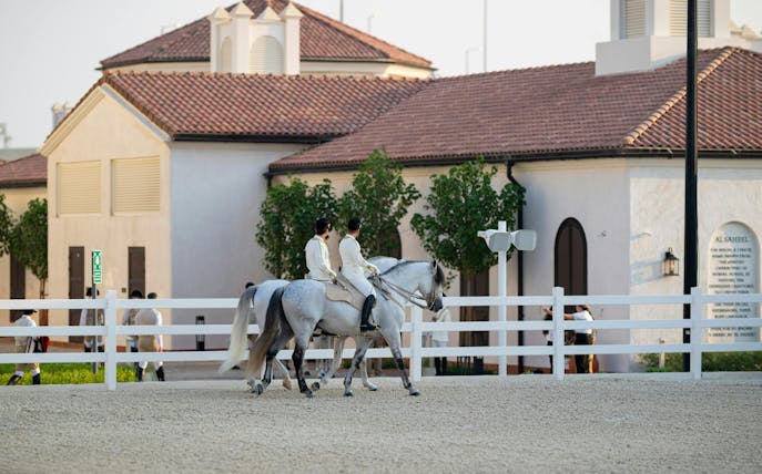 Equestrians riding horses at Abu Dhabi Royal Equestrian Arts venue.