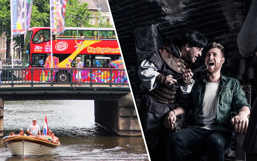 Hop-on hop-off bus on Amsterdam bridge and actor in Amsterdam Dungeon scene.