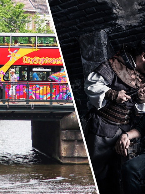 Hop-on hop-off bus on Amsterdam bridge and actor in Amsterdam Dungeon scene.