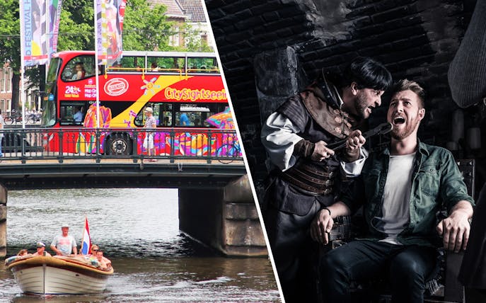 Hop-on hop-off bus on Amsterdam bridge and actor in Amsterdam Dungeon scene.