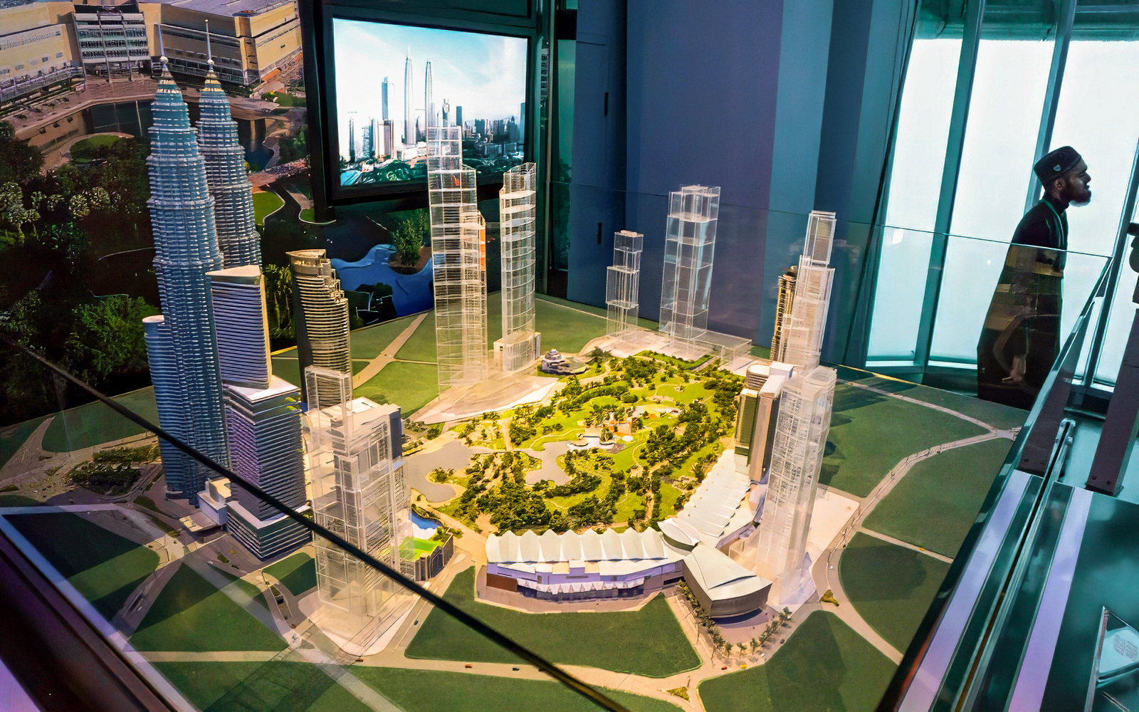Model of Petronas Twin Towers and surrounding area in Kuala Lumpur exhibit.