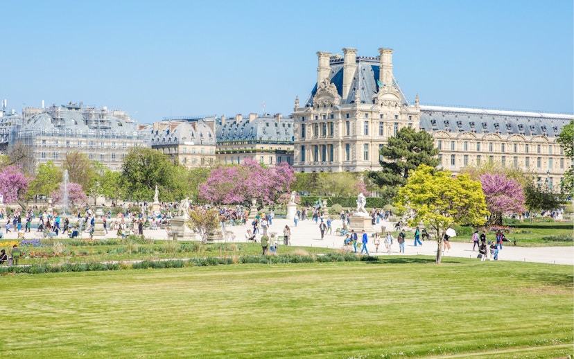 Tuileries Garden in Paris with people walking and historic buildings in the background.