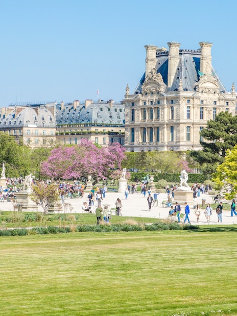 Tuileries Garden in Paris with people walking and historic buildings in the background.