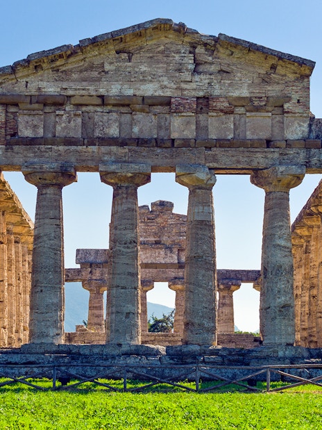 Temple of Athena at Paestum with ancient columns, Campania, Italy.