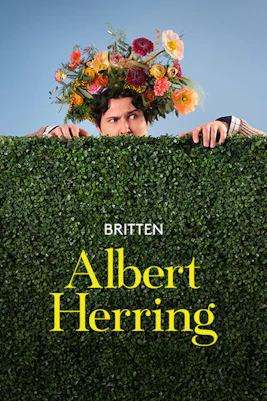 Person with flower crown peeking over hedge, Albert Herring text below