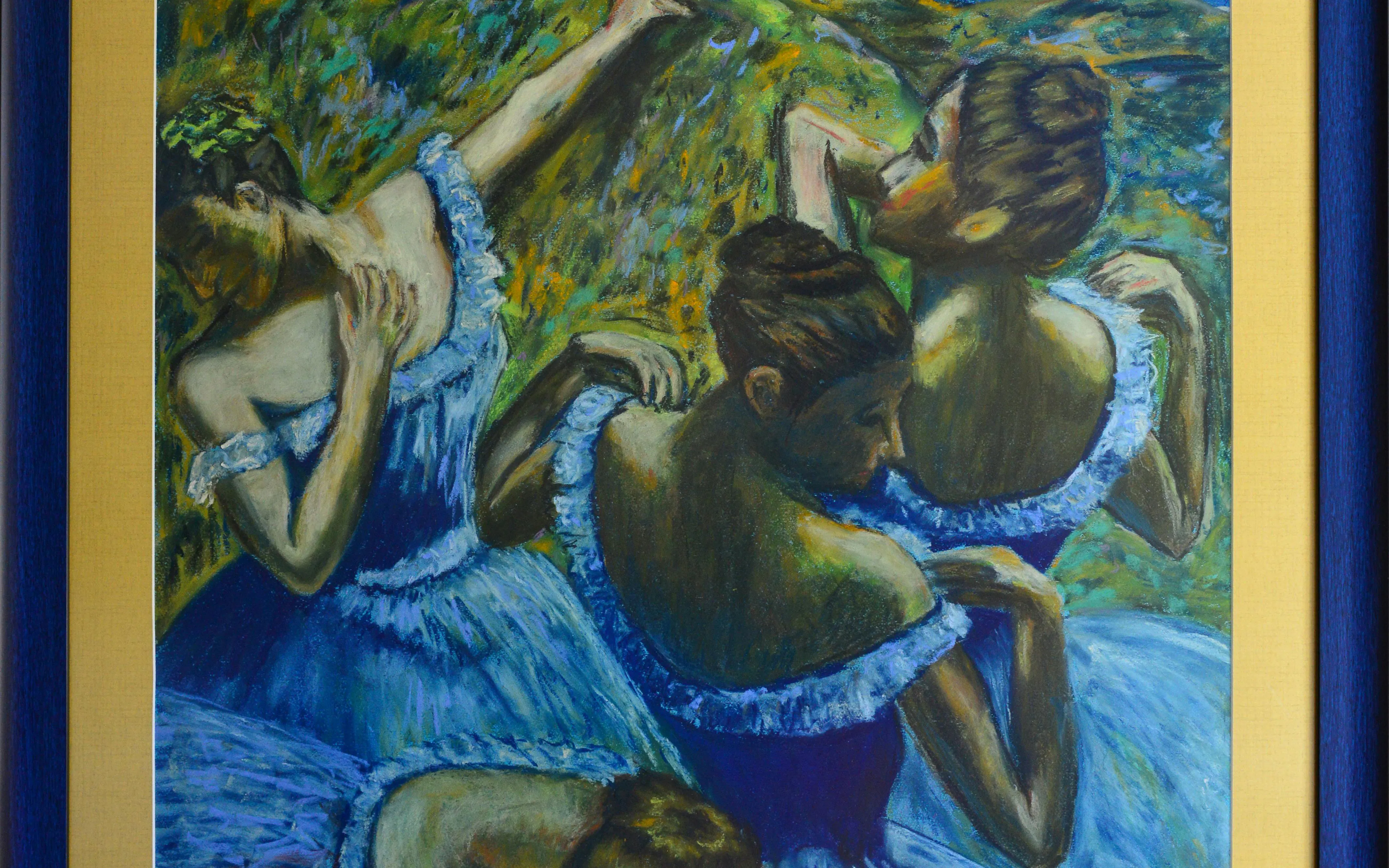 Ballet dancers in blue dresses inspired by Degas' "Blue Dancers" on a greenish background.