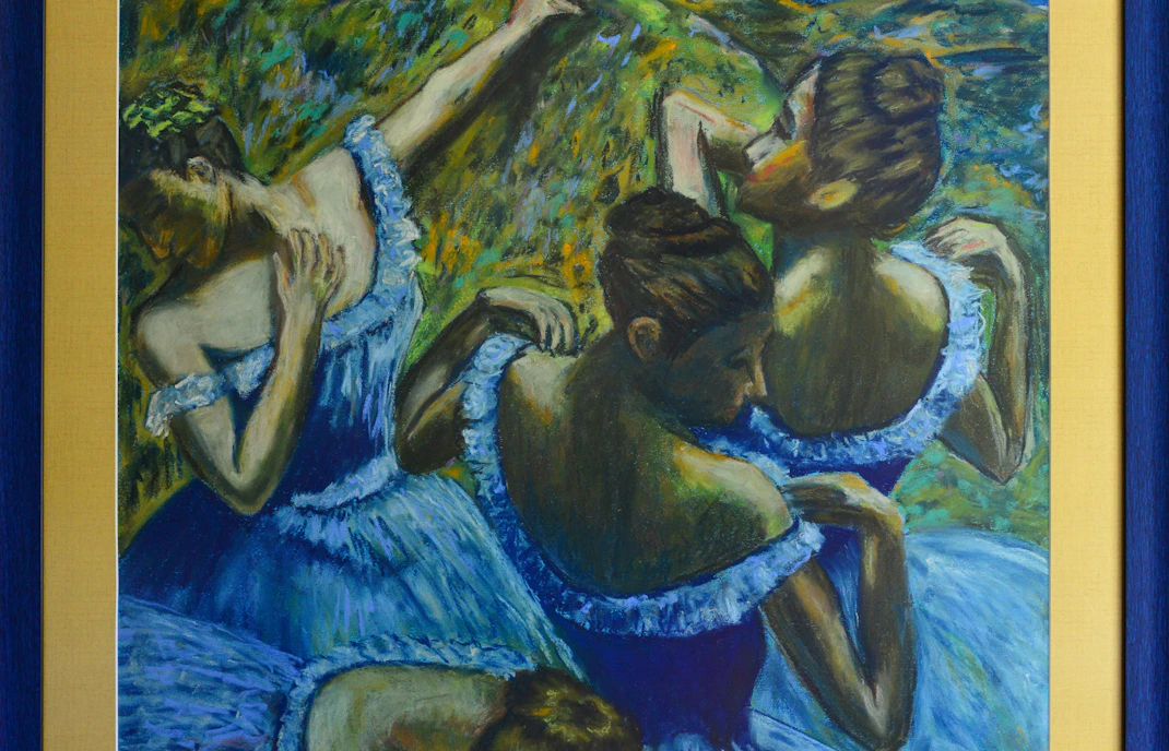 Ballet dancers in blue dresses inspired by Degas' "Blue Dancers" on a greenish background.