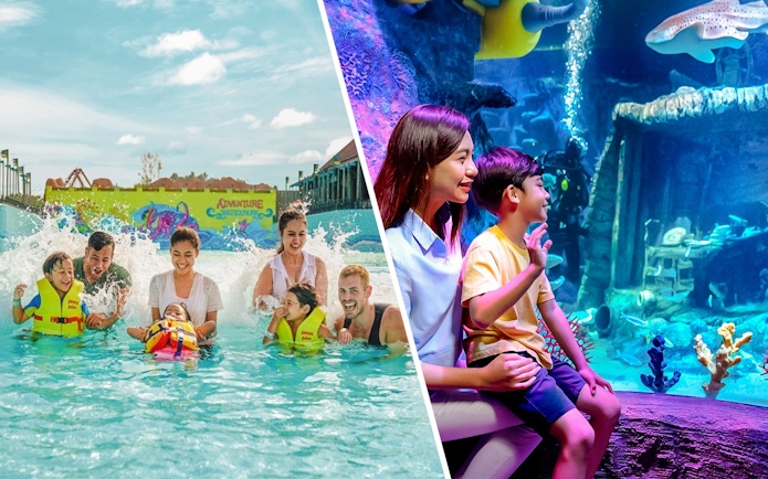 Family playing in wave pool at Adventure Waterpark Desaru Coast.