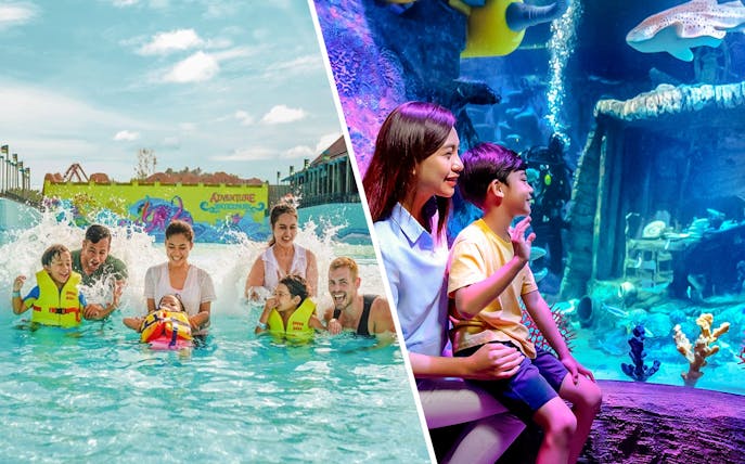 Family playing in wave pool at Adventure Waterpark Desaru Coast.