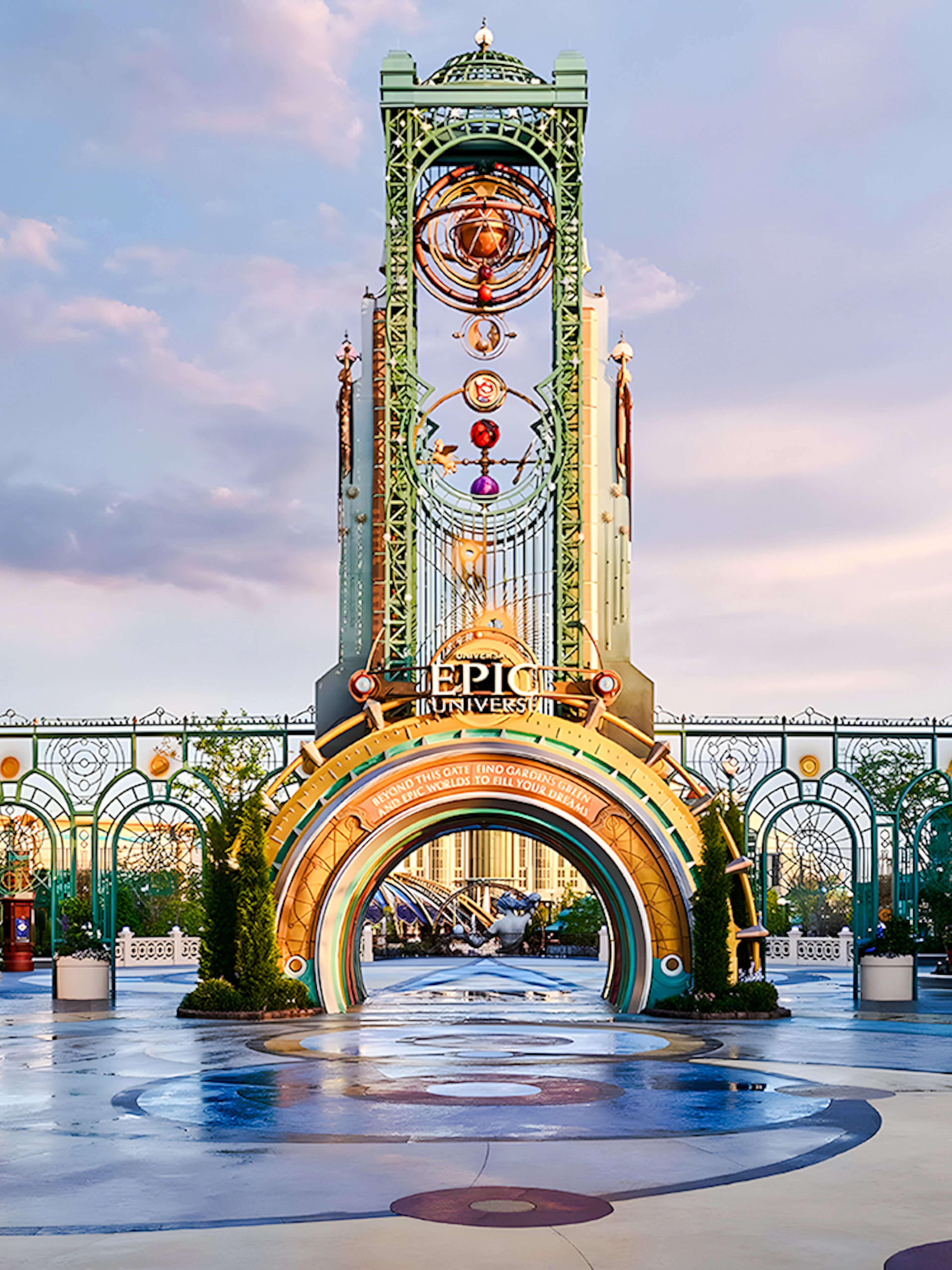 Entrance to Universal Epic Universe theme park with ornate archway and decorative elements.