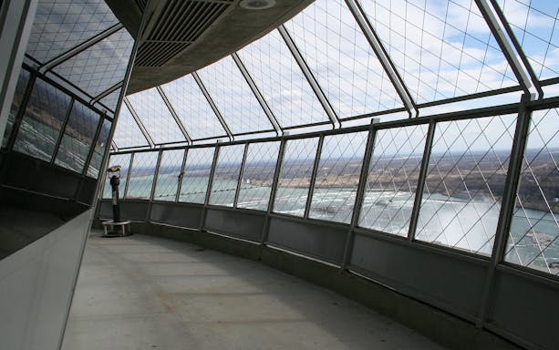 Skylon Tower observation deck overlooking Niagara Falls and surrounding landscape.