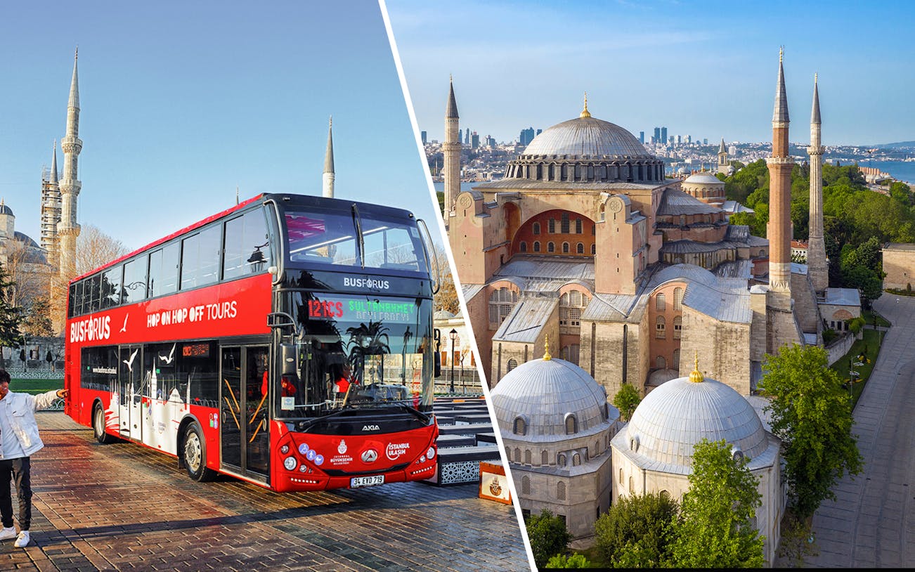 Istanbul hop-on hop-off bus near Hagia Sophia, showcasing tour experience.