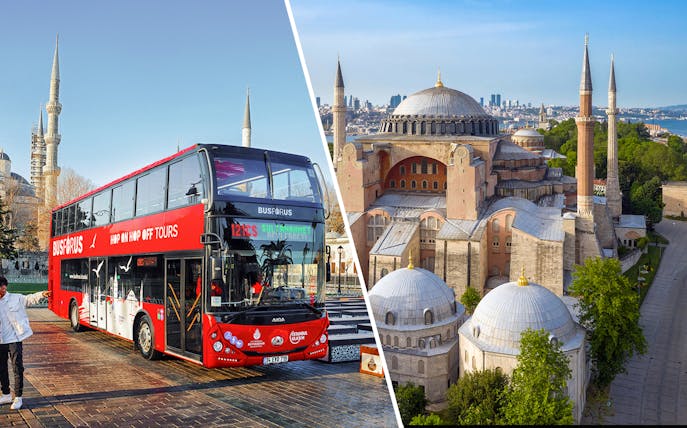 Istanbul hop-on hop-off bus near Hagia Sophia, showcasing tour experience.