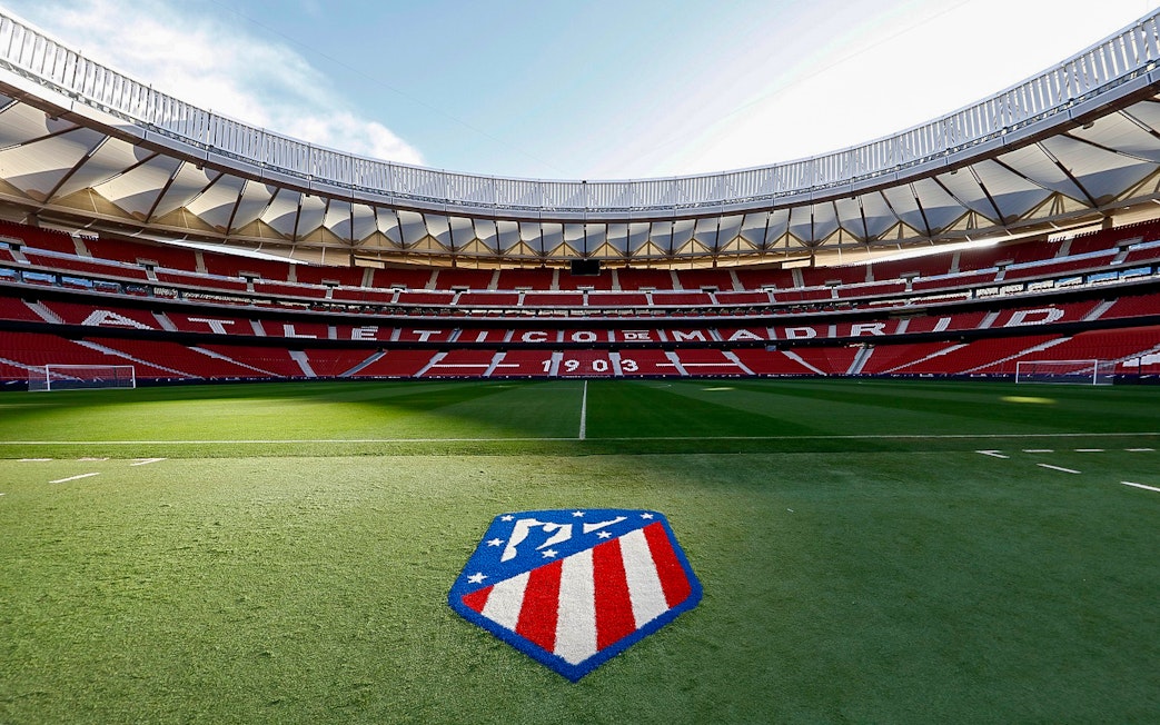 Cívitas Metropolitano stadium field with Atlético Madrid logo, part of the "Territorio Atleti" tour.