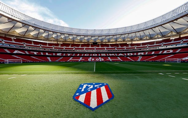 Cívitas Metropolitano stadium field with Atlético Madrid logo, part of the "Territorio Atleti" tour.
