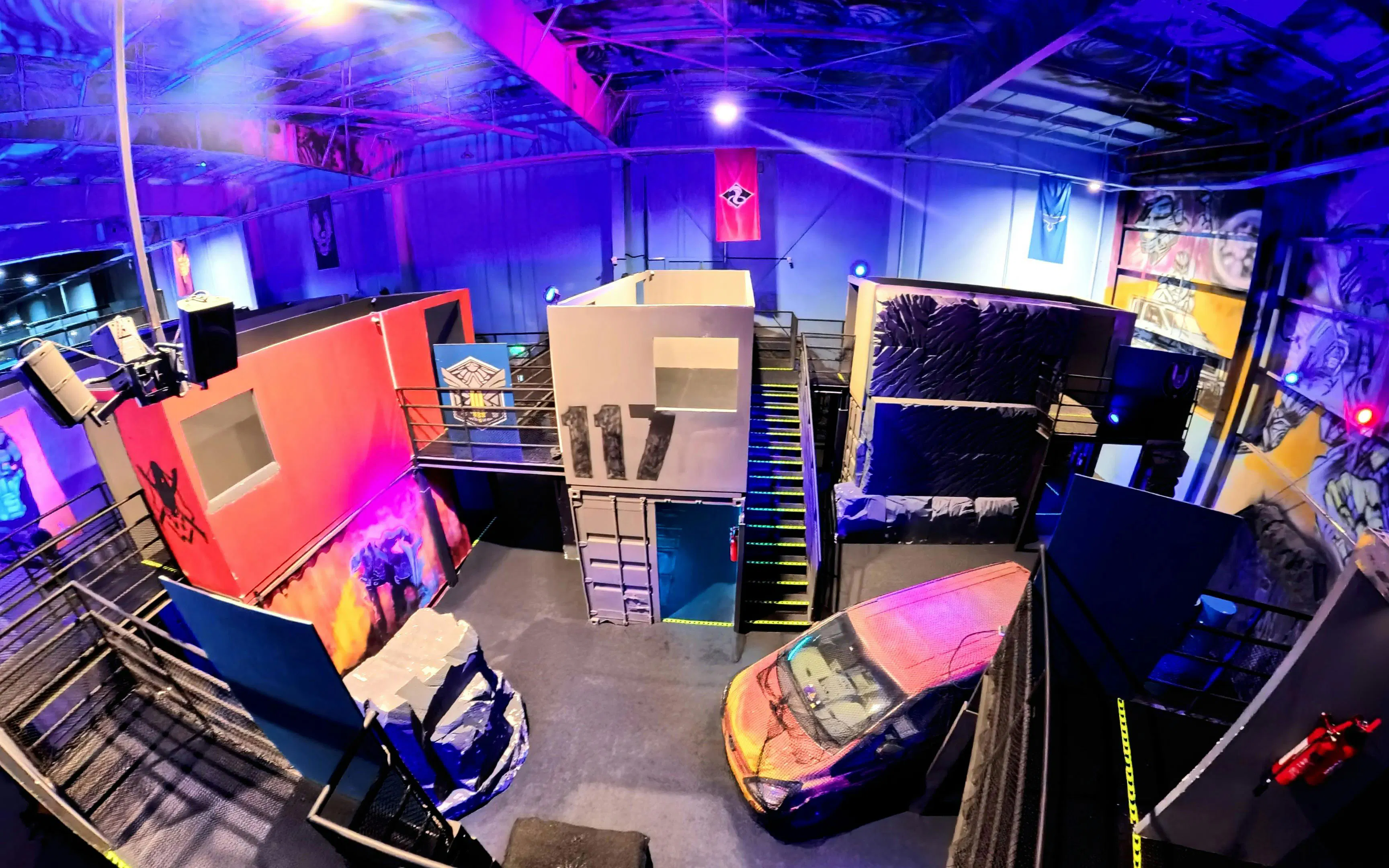 Laser tag arena with colorful obstacles and structures at Loco Bear, Dubai.