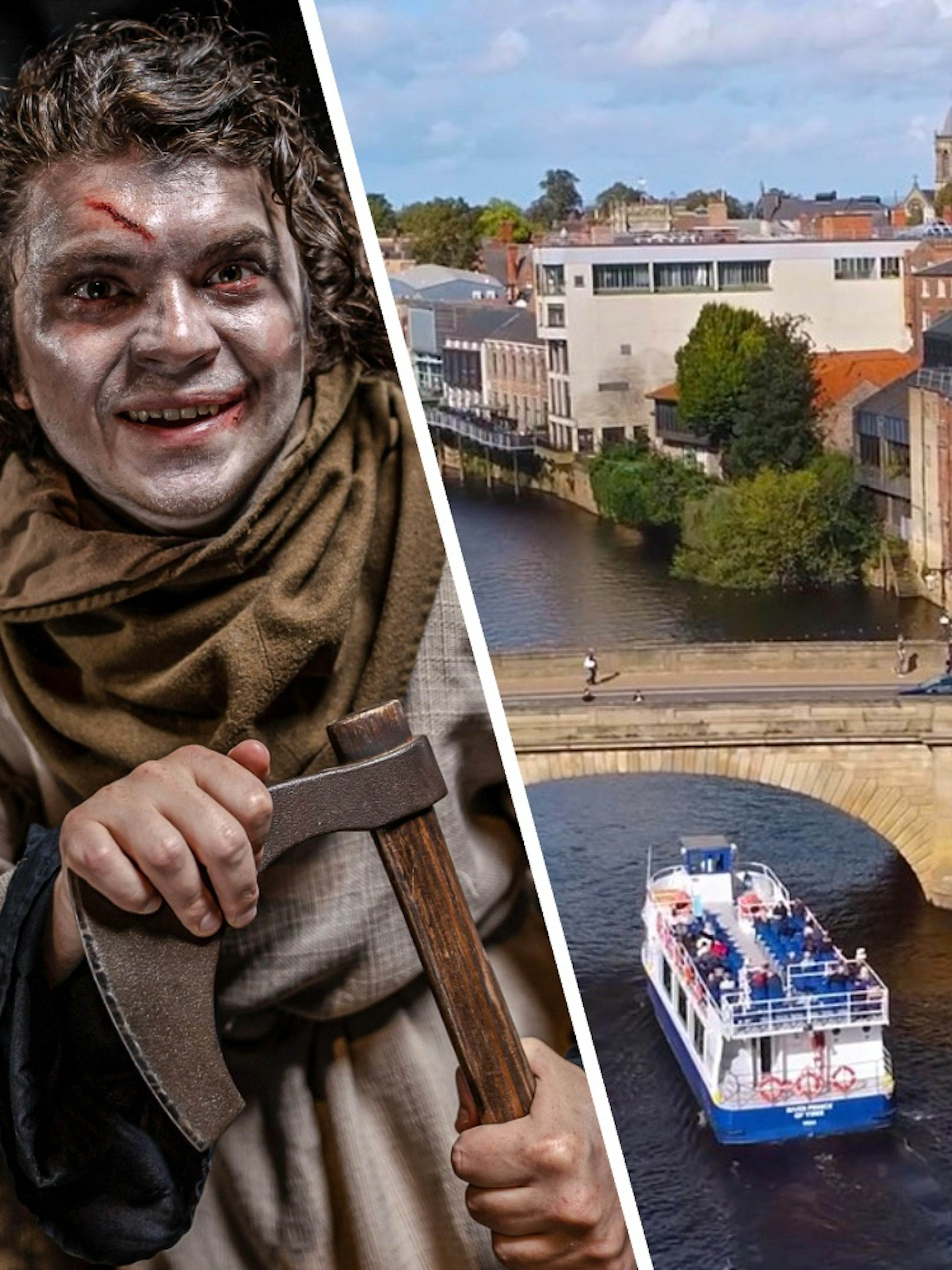York Dungeon actor with axe and York Sightseeing Cruise on River Ouse.