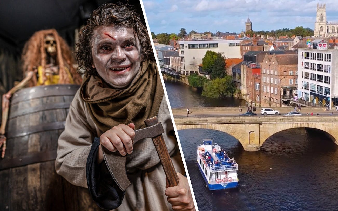 York Dungeon actor with axe and York Sightseeing Cruise on River Ouse.