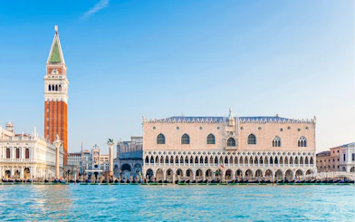 Doge's Palace and St. Mark's Campanile in Venice, view from the Grand Canal.