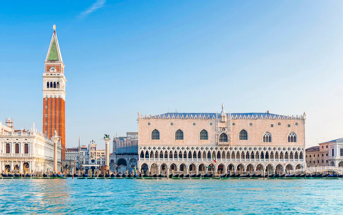 Doge's Palace and St. Mark's Campanile in Venice, view from the Grand Canal.
