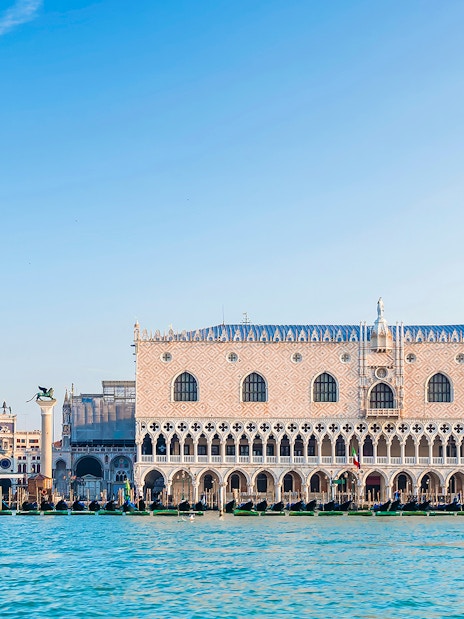 Doge's Palace and St. Mark's Campanile in Venice, view from the Grand Canal.