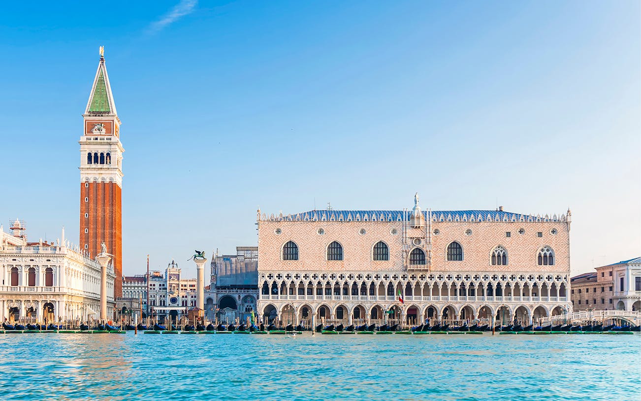 Doge's Palace and St. Mark's Campanile in Venice, view from the Grand Canal.