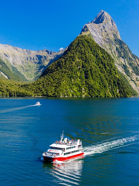 Cruise boat on Milford Sound with lush mountains, Southern Discoveries tour.