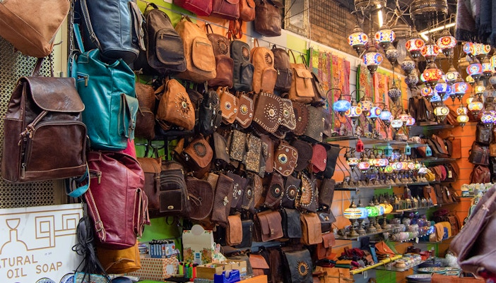 Leather bags and colorful lamps displayed at la Alcaicería, Arabic souk of Granada.