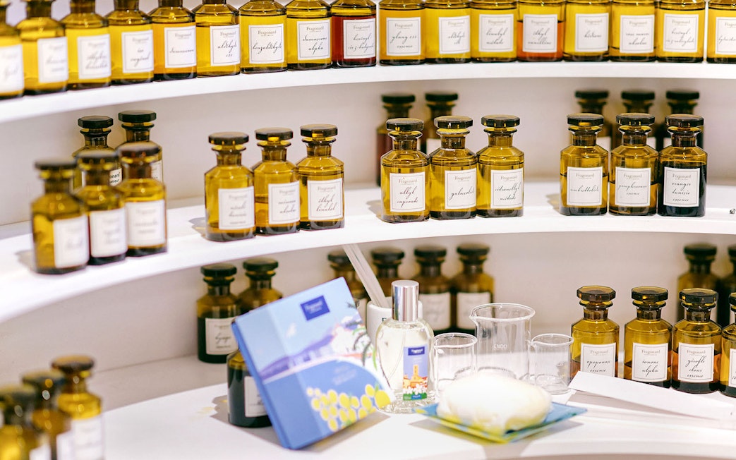 Perfume bottles displayed at Mini Perfume Workshop in Grasse.