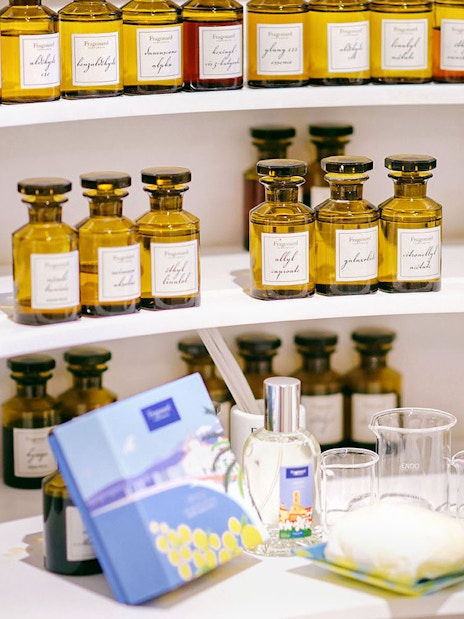Perfume bottles displayed at Mini Perfume Workshop in Grasse.