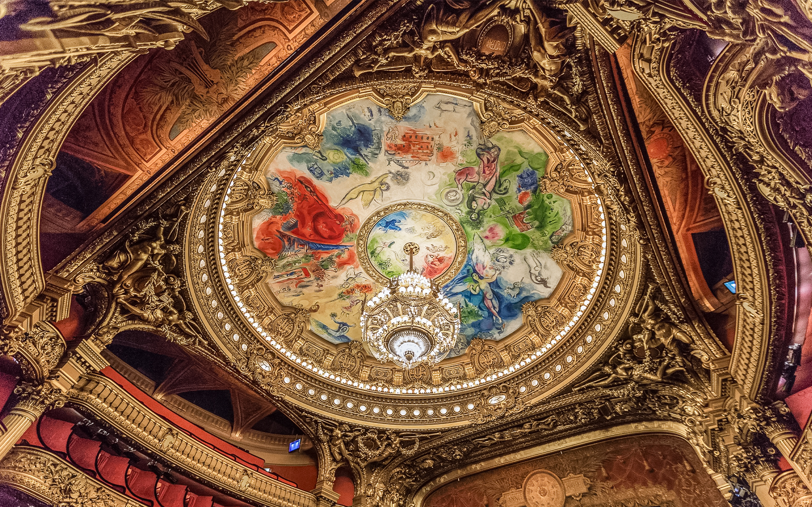 Visitors admiring the vibrant Chagall ceiling at the Opera Garnier in Paris, France